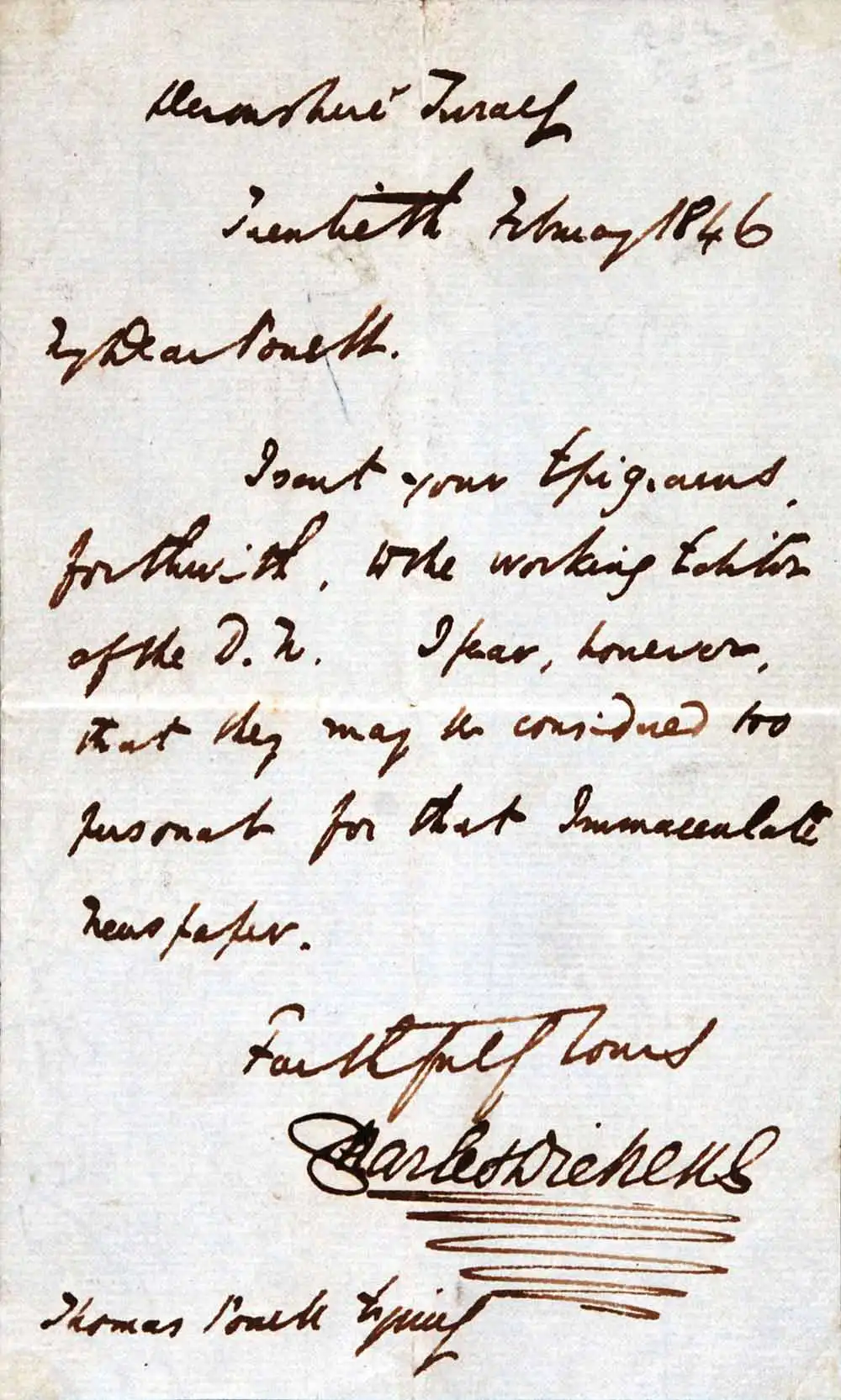 Letter. Charles Dickens to Thomas Powell, 1 Devonshire Terrace, 20 February 1846
