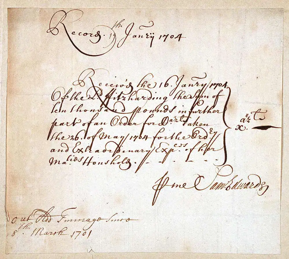 Document concerning the expenses of Queen Anne’s household, signed by Samuel Edwards, 19 January 1704.