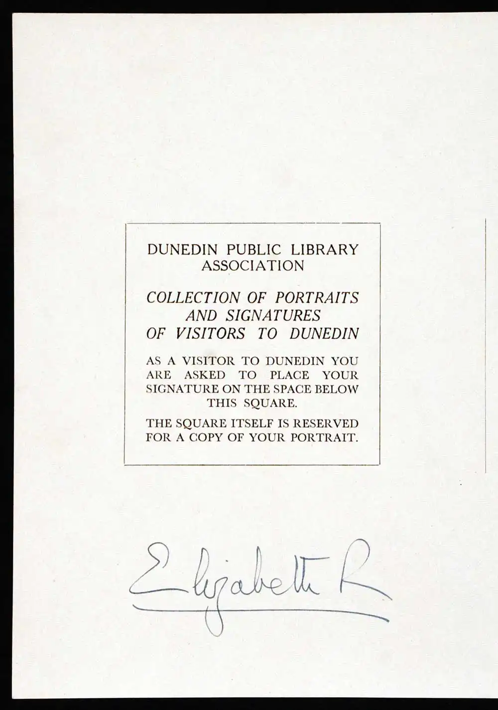 Page from the Dunedin Public Library visitor’s book, signed by Queen Elizabeth II, 26 January 1954.