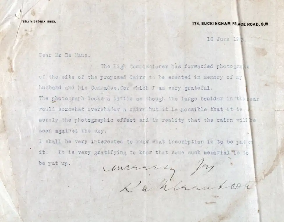 Letter. Lady Kathleen Scott to David Alexander De Maus, 174 Buckingham Palace Road, London, 16 June 1913.