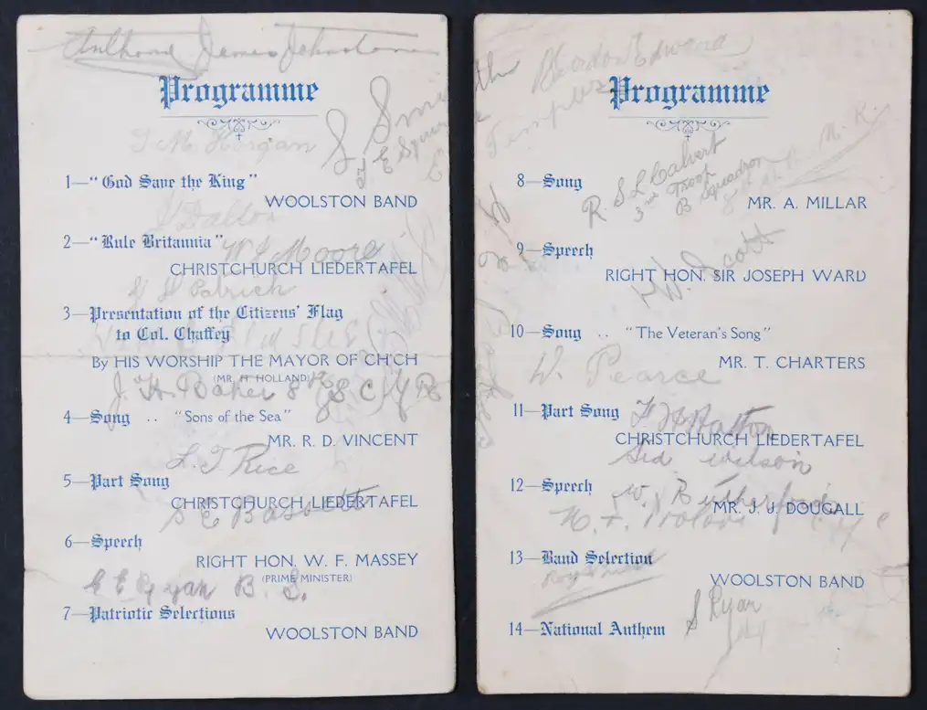 Smoking Concert and Entertainment. Autographed Programme. King Edward Barracks, Christchurch, 5 September 1914
