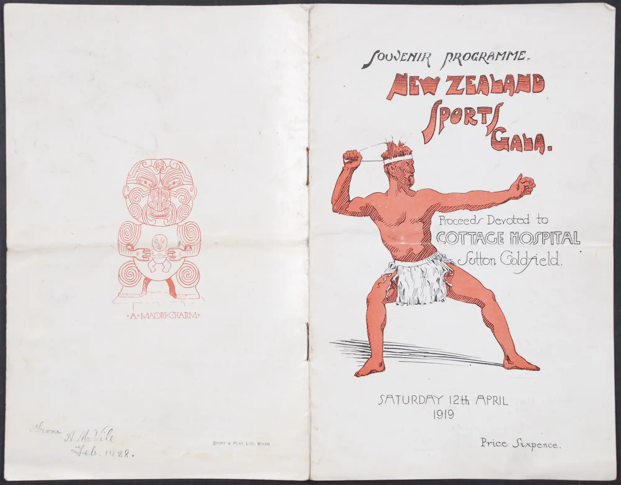 New Zealand Sports Gala. Souvenir Programme. Birmingham, England, 1919
