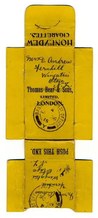Fred to Mrs A Andrew, Fernhill, Wingatui, Otago. Letter Written on Cigarette Box. 16 June 1915