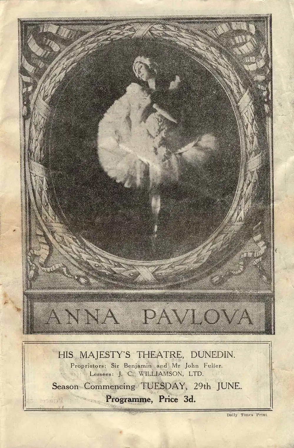 <em>Anna Pavlova</em>. His Majesty’s Theatre, Dunedin, June 29, 1926.