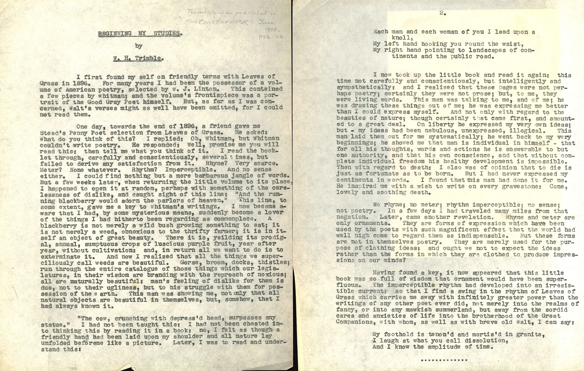 W.H. Trimble. ‘Beginning My Studies’. Typescript of an article published in The Conservator, June 1908. 