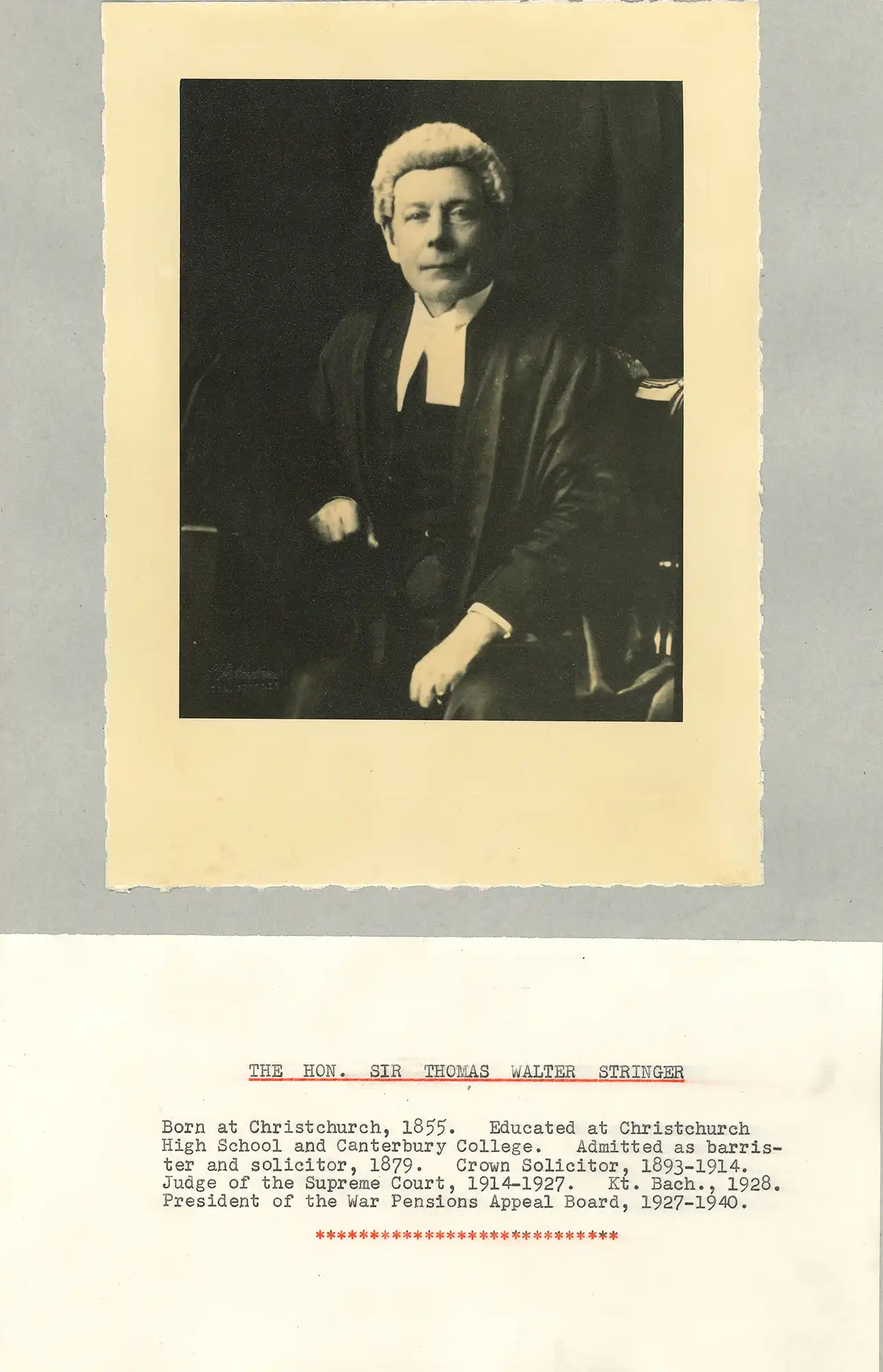 The Honourable Sir Thomas Walter Stringer (1855-1944). Portrait photograph and brief typed biography.