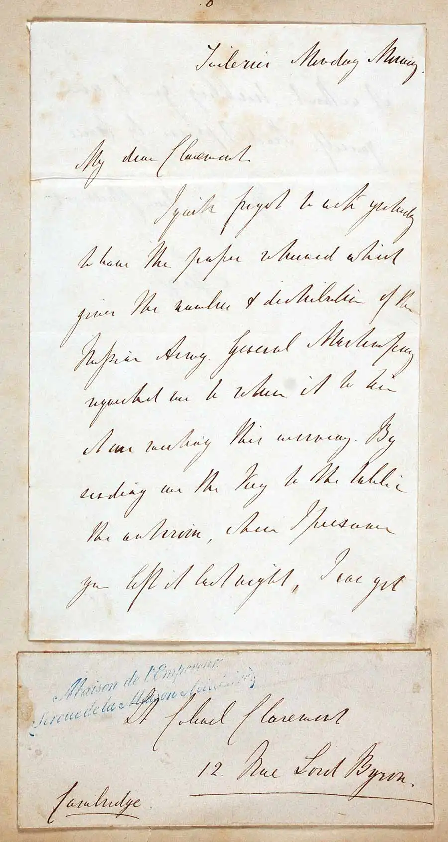 Letter signed George V, to ‘My dear Claremont’, Tuileries, France, ‘Monday morning’.