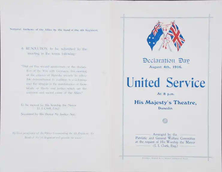 Declaration Day. Programme. Otago Patriotic and General Welfare Committee, Dunedin, 1917