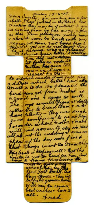 Fred to Mrs A Andrew, Fernhill, Wingatui, Otago. Letter Written on Cigarette Box. 16 June 1915