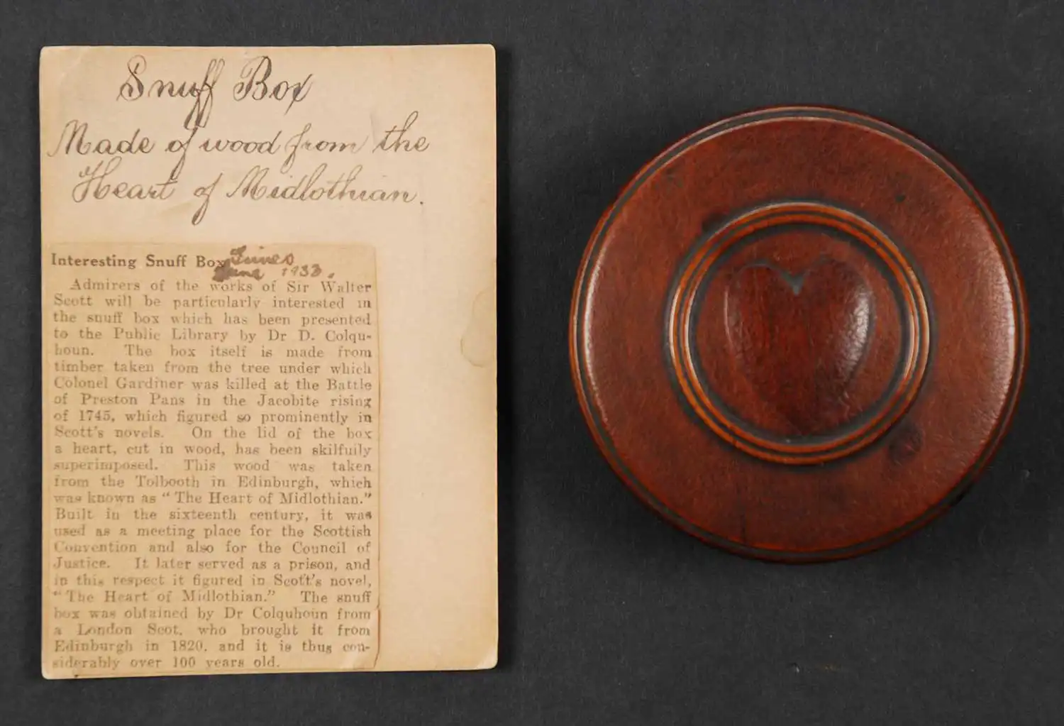 Snuff box, after 1818, with 1933 newspaper excerpt