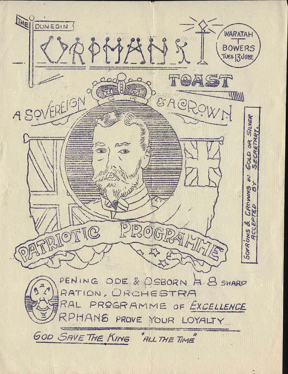 Dunedin Orphans’ Club leaflet for celebration of Coronation of King George V, June 13, 1911. 