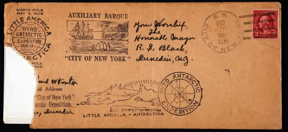 Envelope. Richard N. Konter to Your Worship the Honorable Mayor R.S. Black, Dunedin, N.Z., <i>City of New York</i>, 19 February 1930.