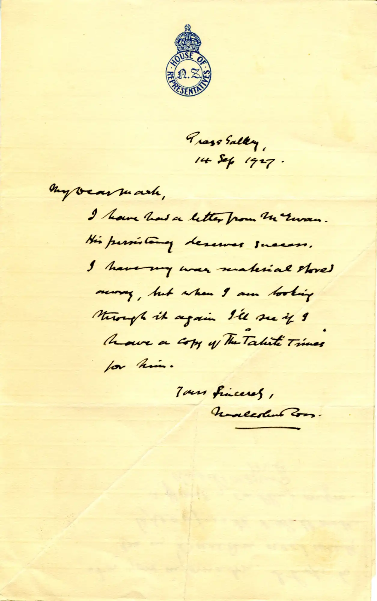 Malcolm Ross to My Dear Mark (Cohen) 14 September 1927. Letter. Parliamentary Press Gallery, Wellington