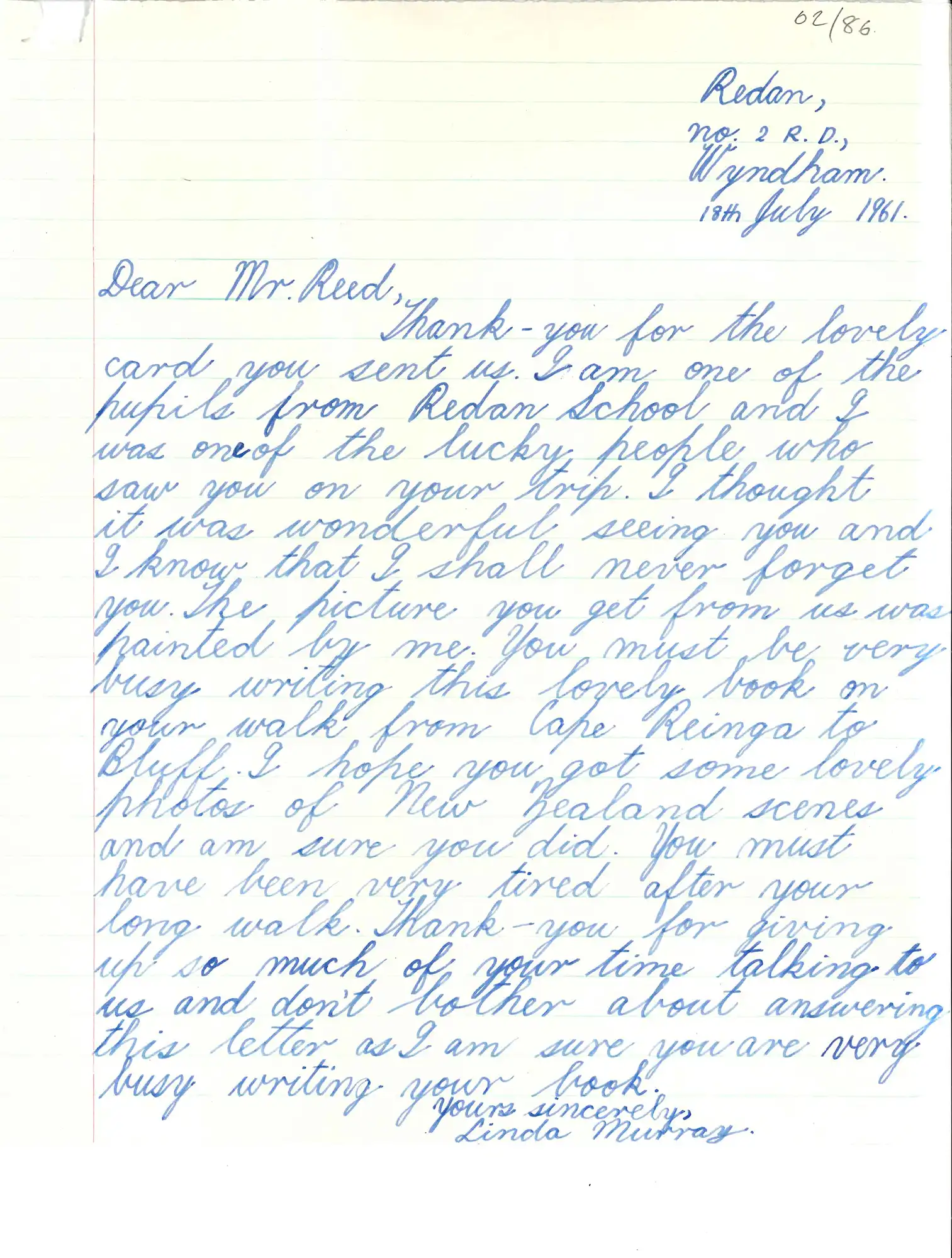 Letter, Linda Murray, Redan School, Wyndham, Southland to A.H. Reed, 18 July 1961.