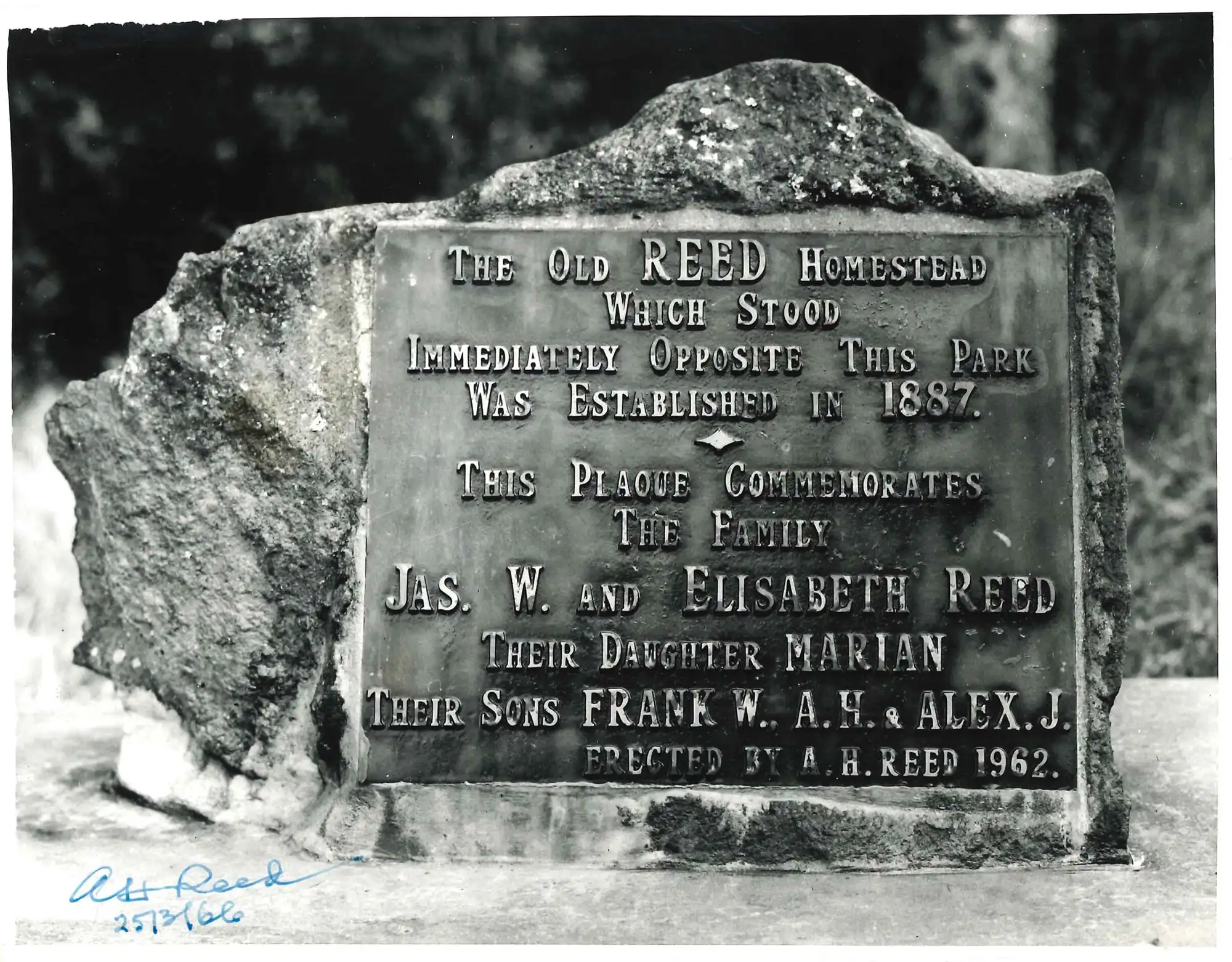 Photograph of plaque commemorating the old Reed homestead at Parahaki, Northland, 1966.  Photograph by Tudor Collins.