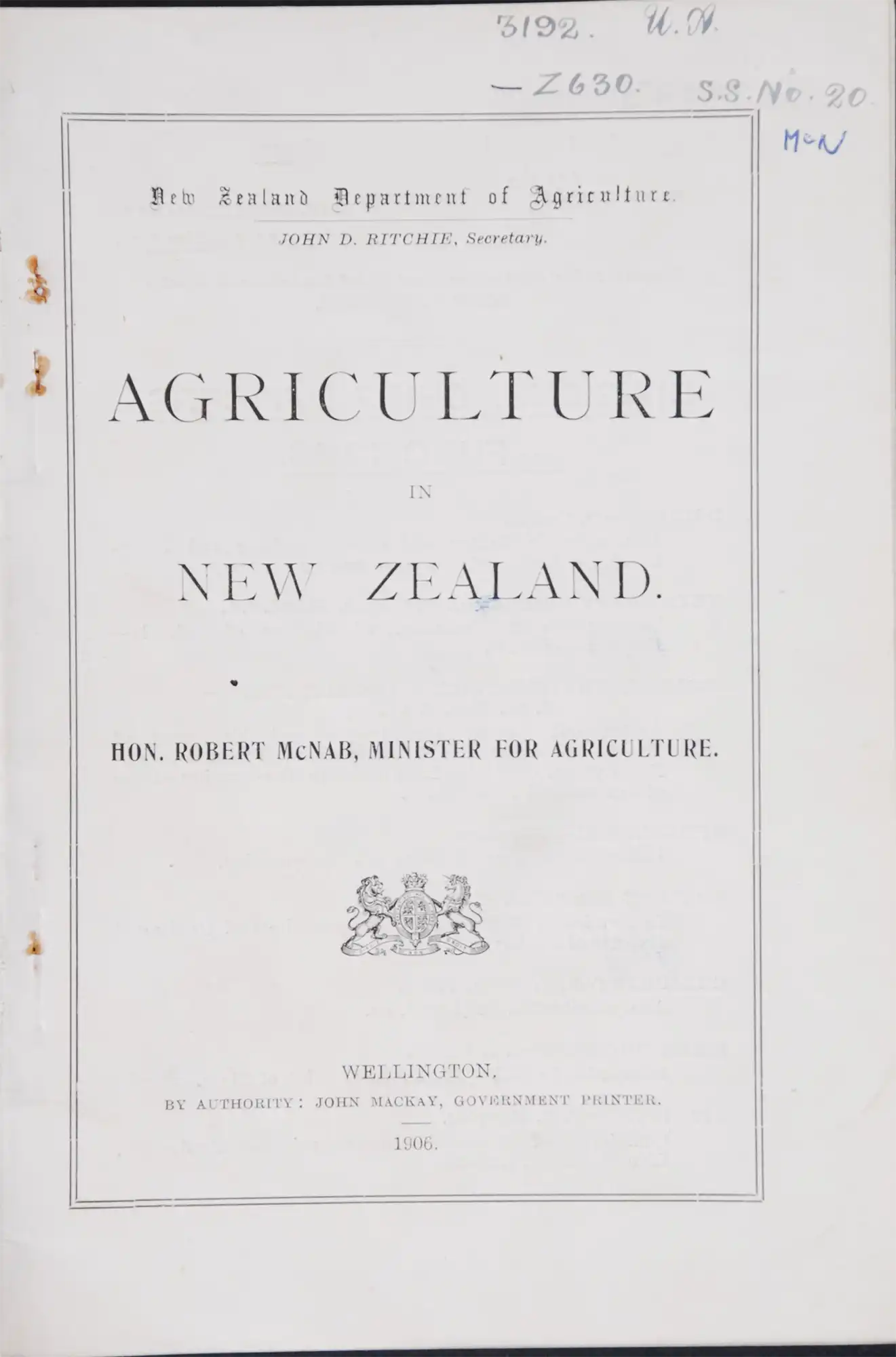 Robert McNab. Agriculture in New Zealand.  Wellington: Government Printer, 1906.