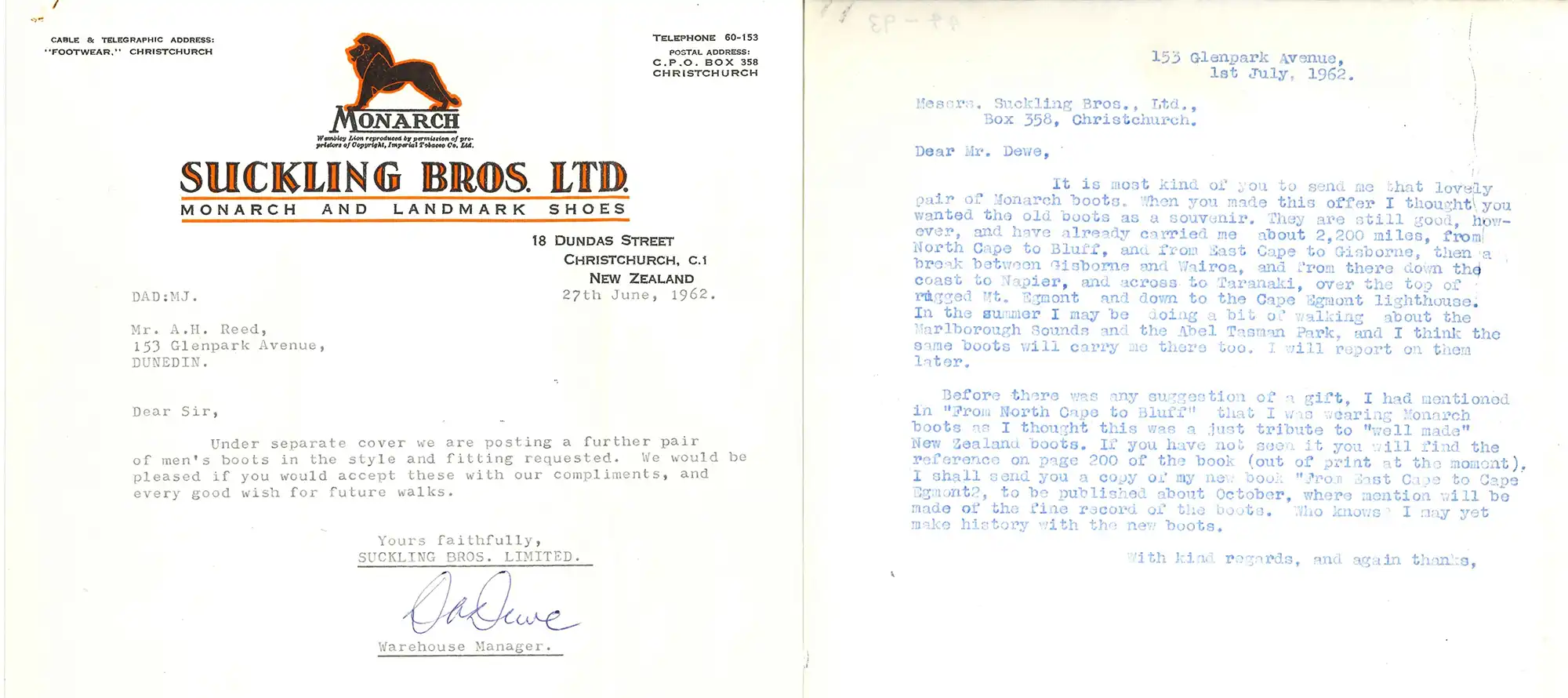 Letter, Suckling Brothers, Christchurch to A.H. Reed, Dunedin, 27 June 1962 re: Monarch boots. Reed’s reply of 1 July 1962.
