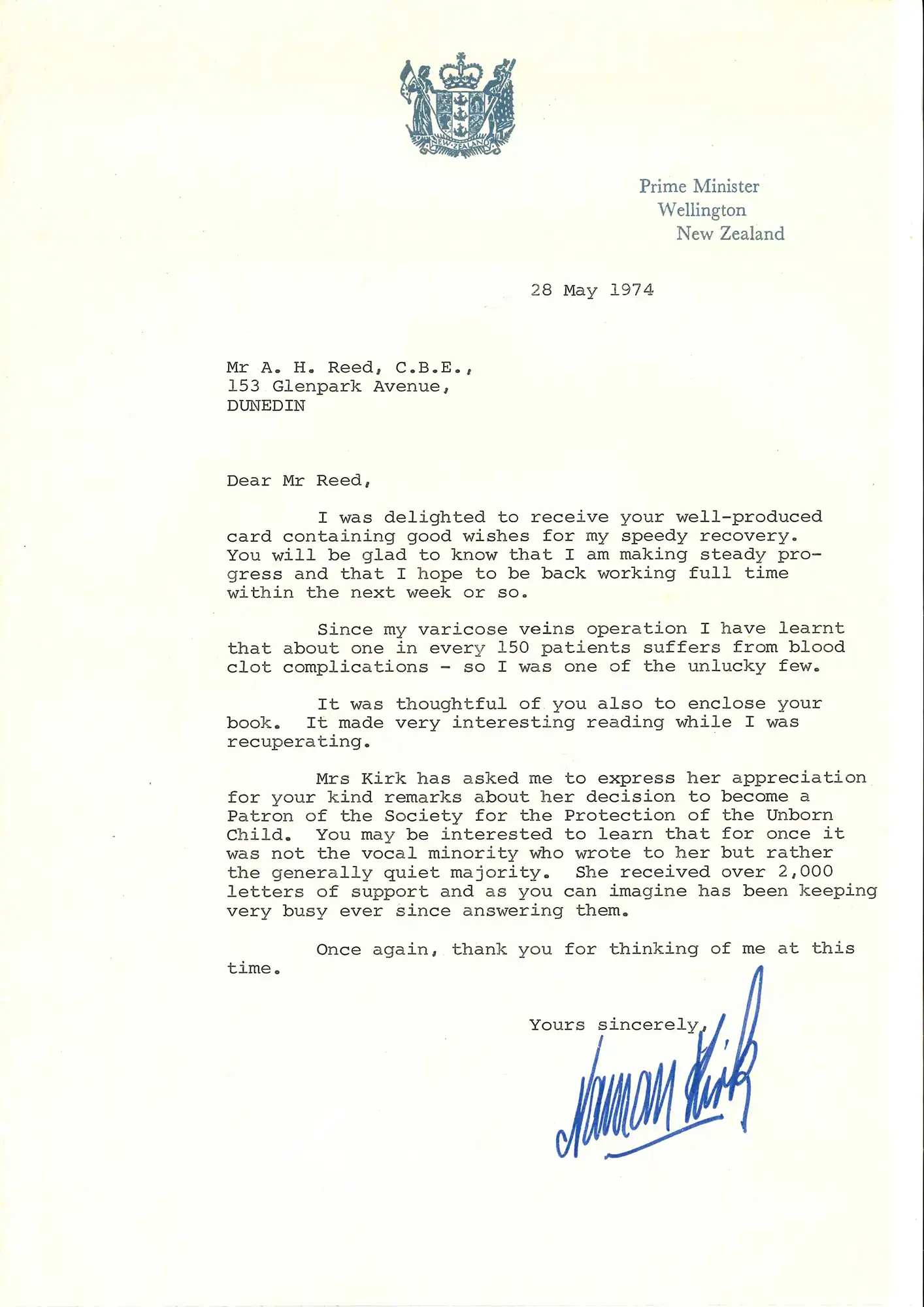 Letter, Norman Kirk, Wellington to A.H. Reed, 28 May 1974.
