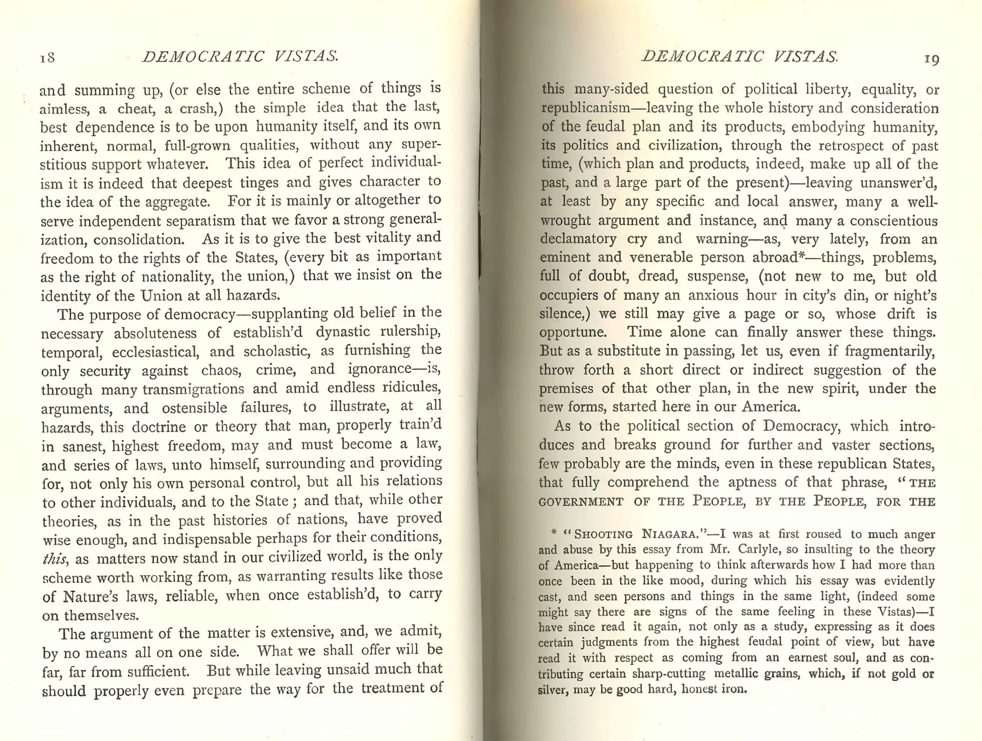 Walt Whitman. Democratic Vistas: and Other Papers. London: Walter Scott; Toronto: W.J. Gage & Co., 1888.