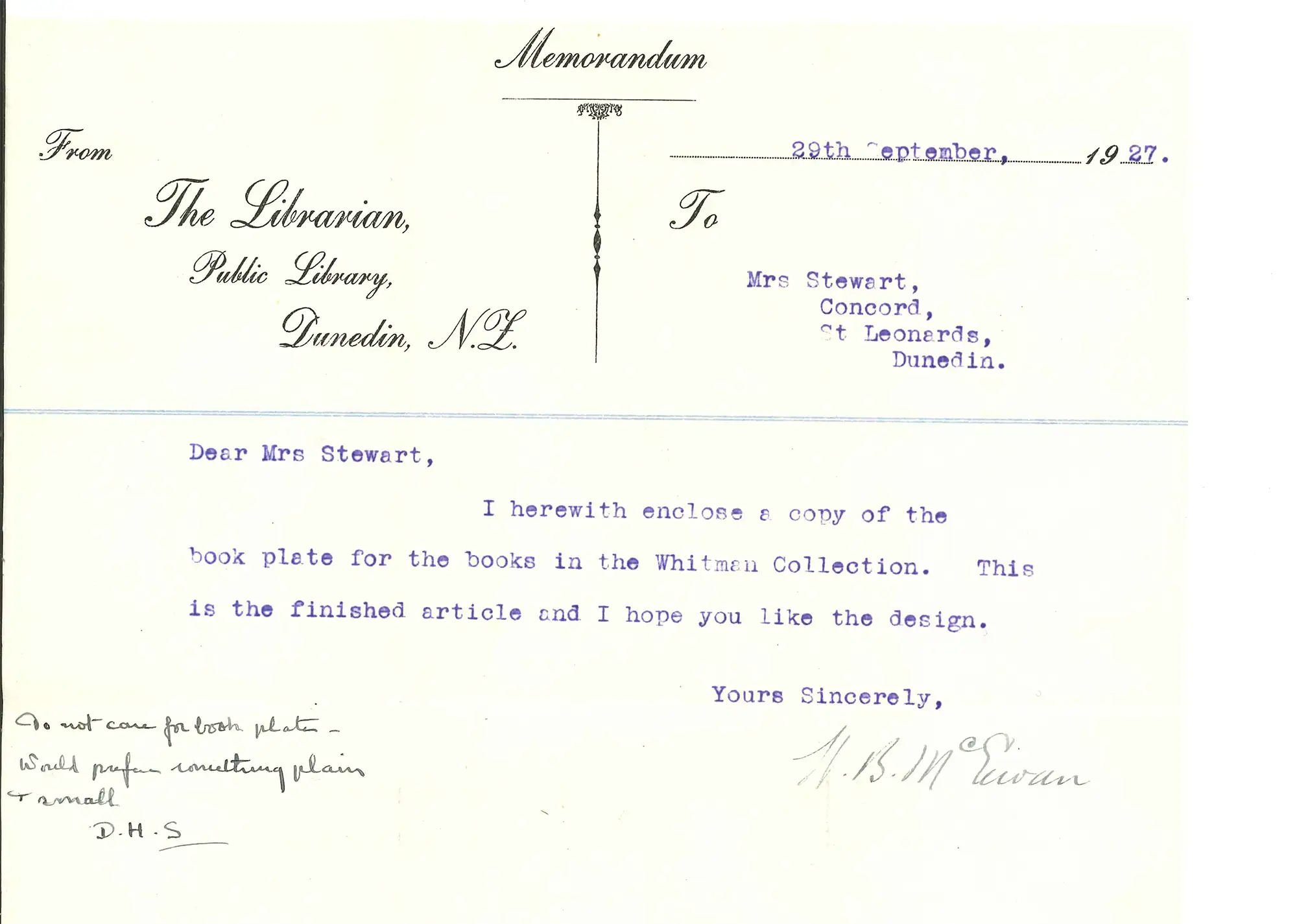 1927 memorandum from W.B. McEwen to Dorothy Trimble re Bookplate.