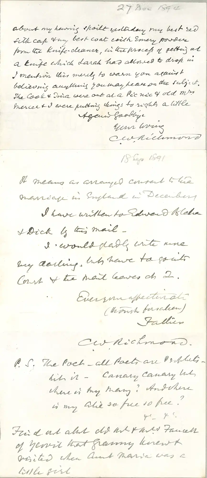 The Honourable William Christopher Richmond (1821-1895). Piece from a letter by Richmond dated 27 December 1894.