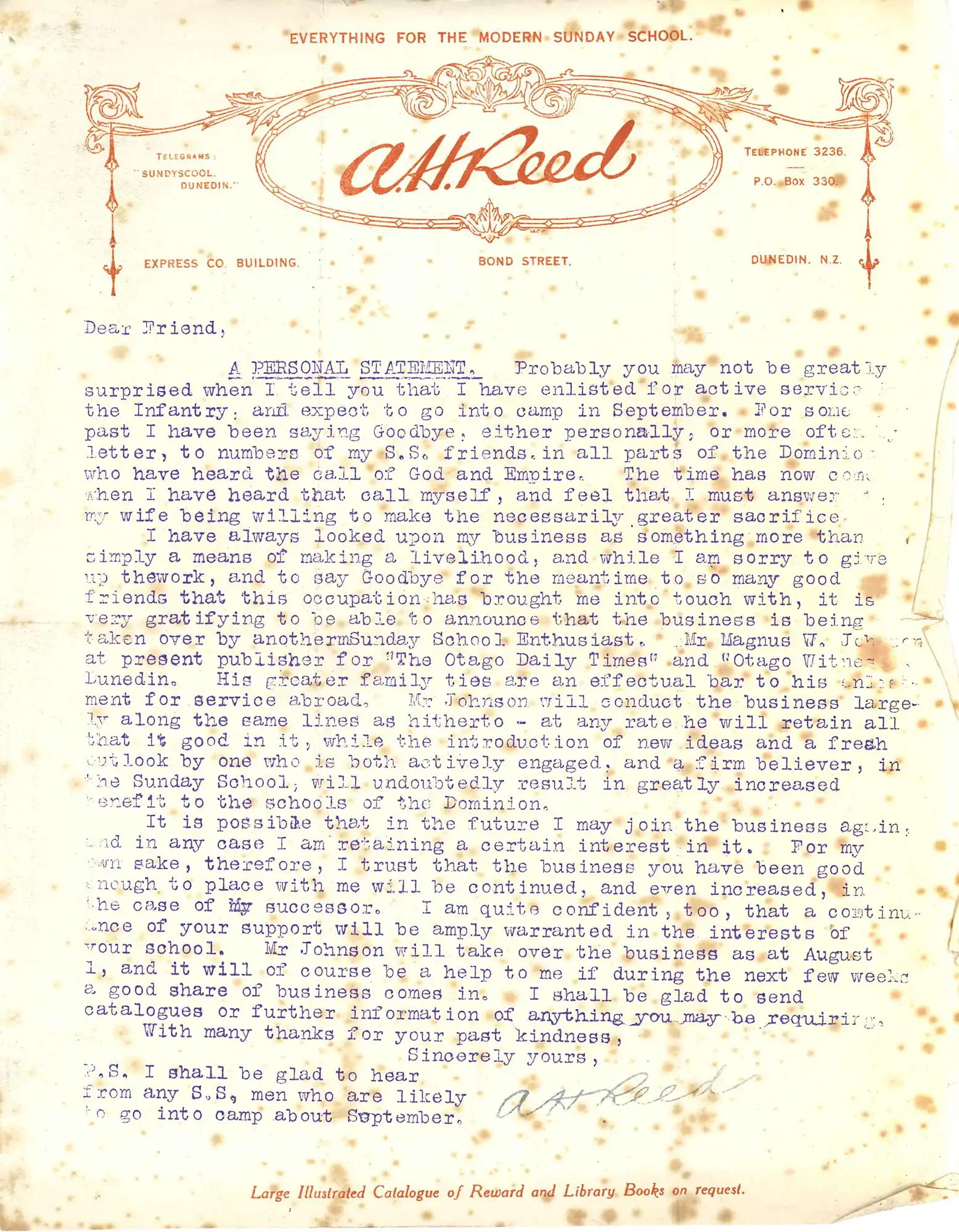 A.H. Reed’s circular letter to Sunday School Supplies Store customers announcing his intention to join the War effort. 1916.