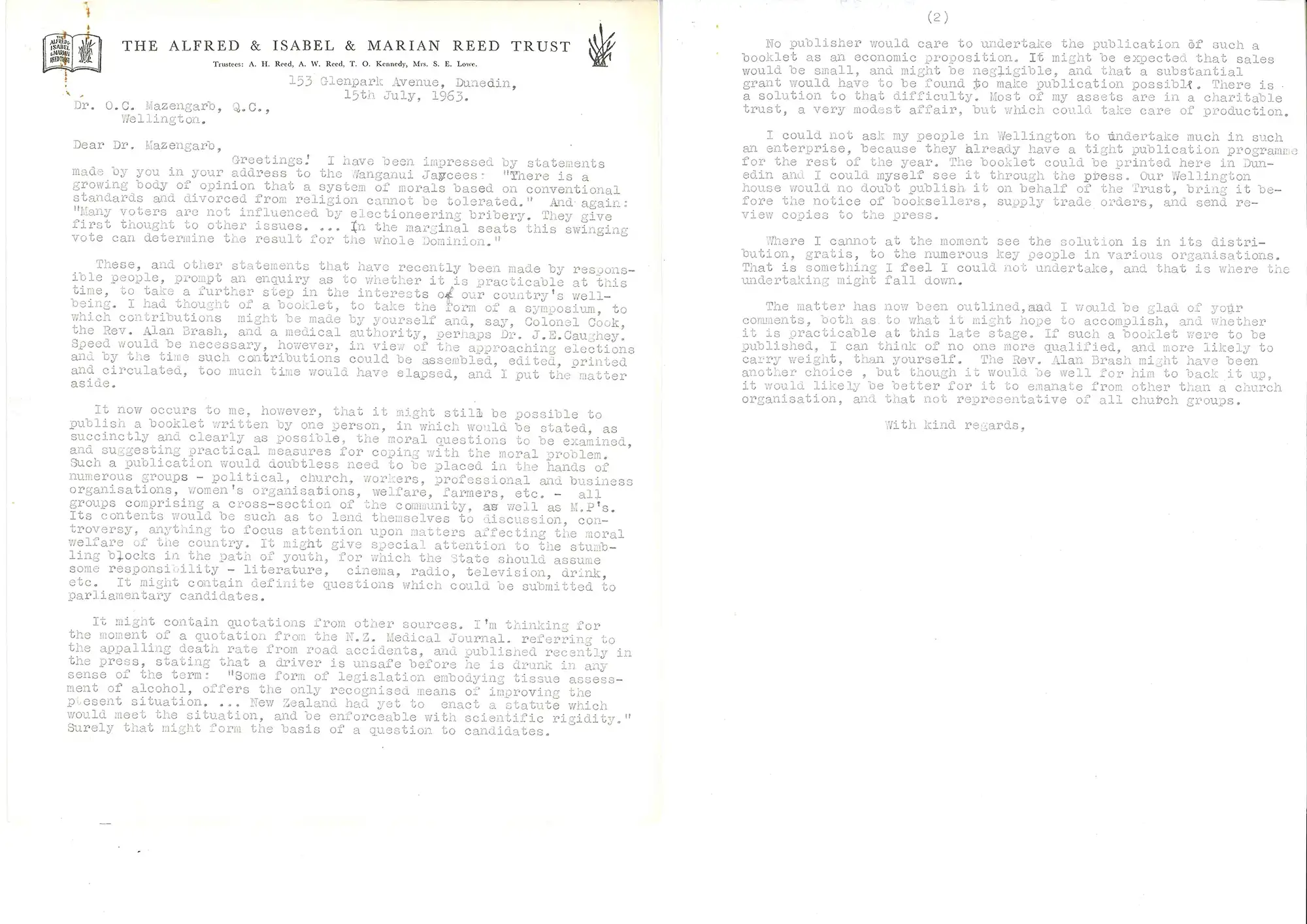 Letter, A.H. Reed to Ossie Mazengarb, Wellington, 15 July 1963.
