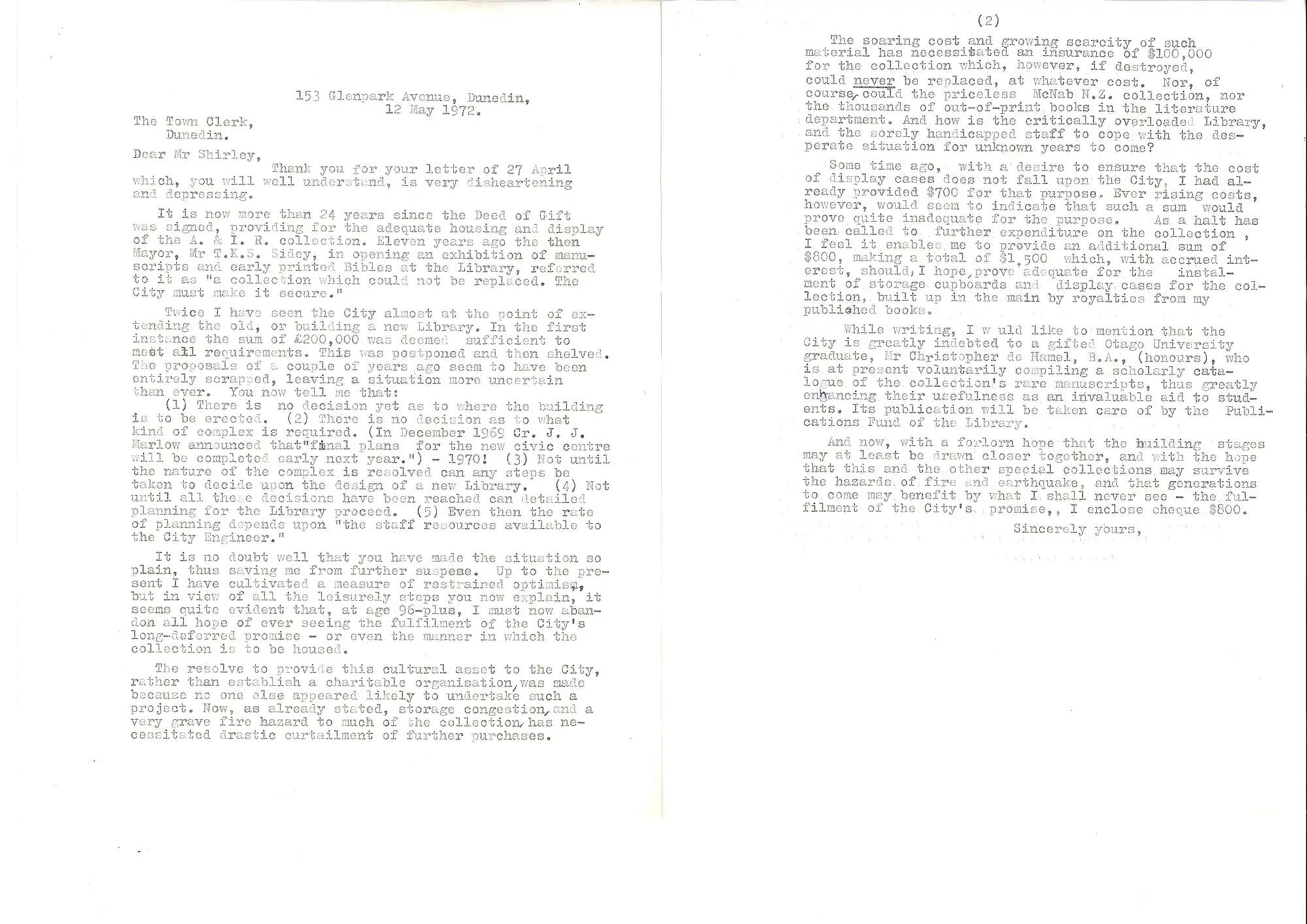 Letter, A.H. Reed, Dunedin to D.M. Shirley, Town Clerk, 12 May 1972.