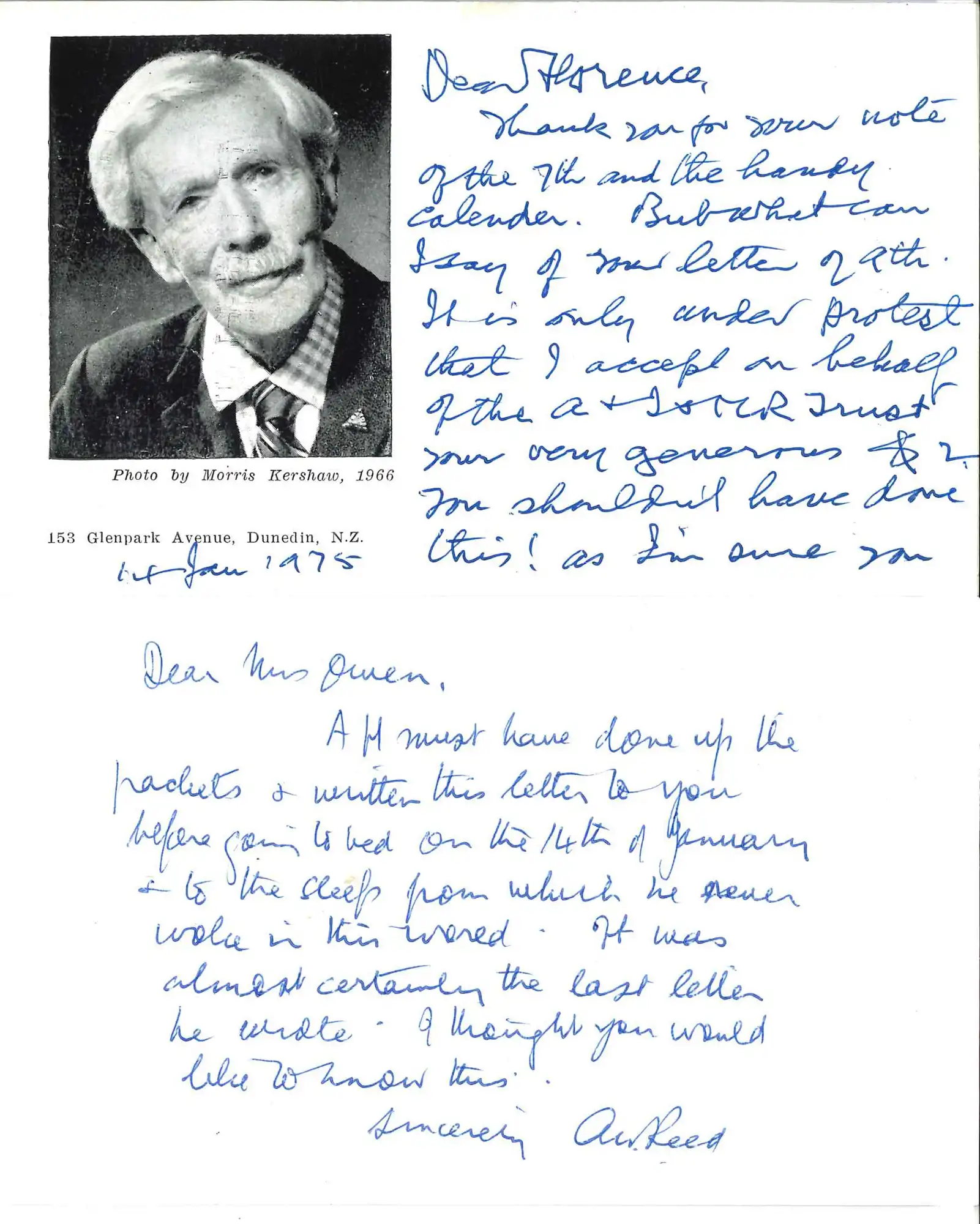 Postcard, A.H. Reed to Florence Williams, Napier, 14 January 1975; accompanied by note from A.W. Reed.