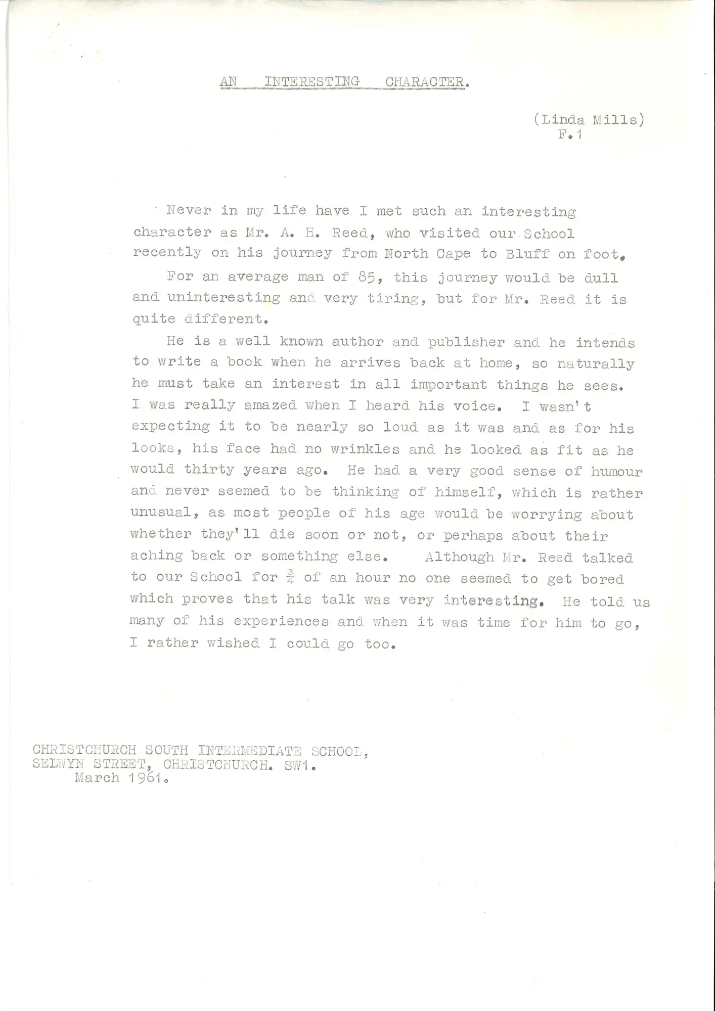 Composition about A.H. Reed written by Linda Mills, Christchurch South Intermediate School, March 1961.