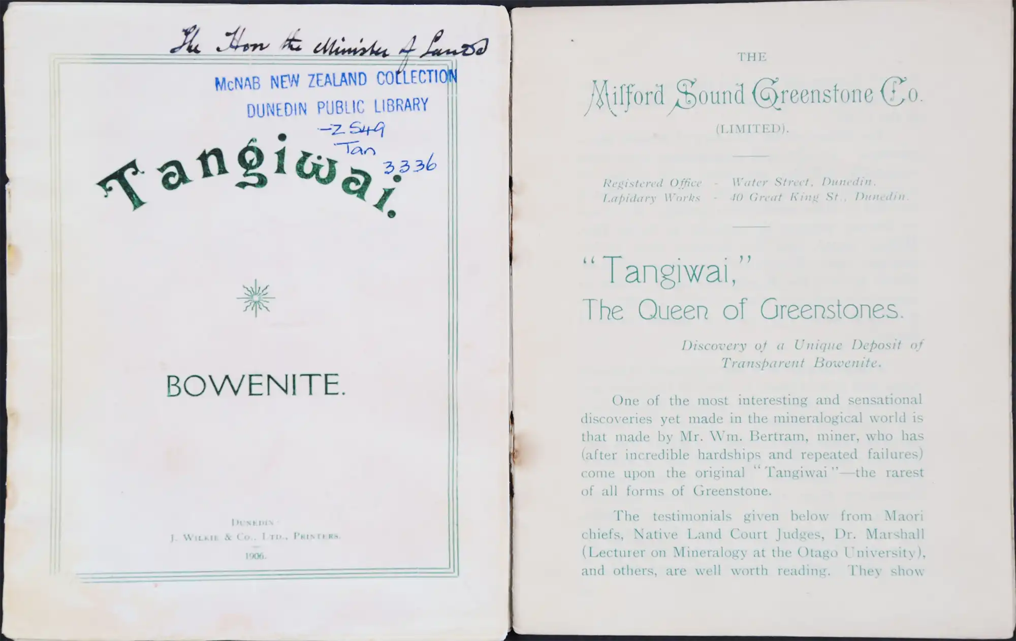 Milford Sound Greenstone Co. Tangiwai: bowenite. Dunedin [N.Z.]: J. Wilkie, 1906. 