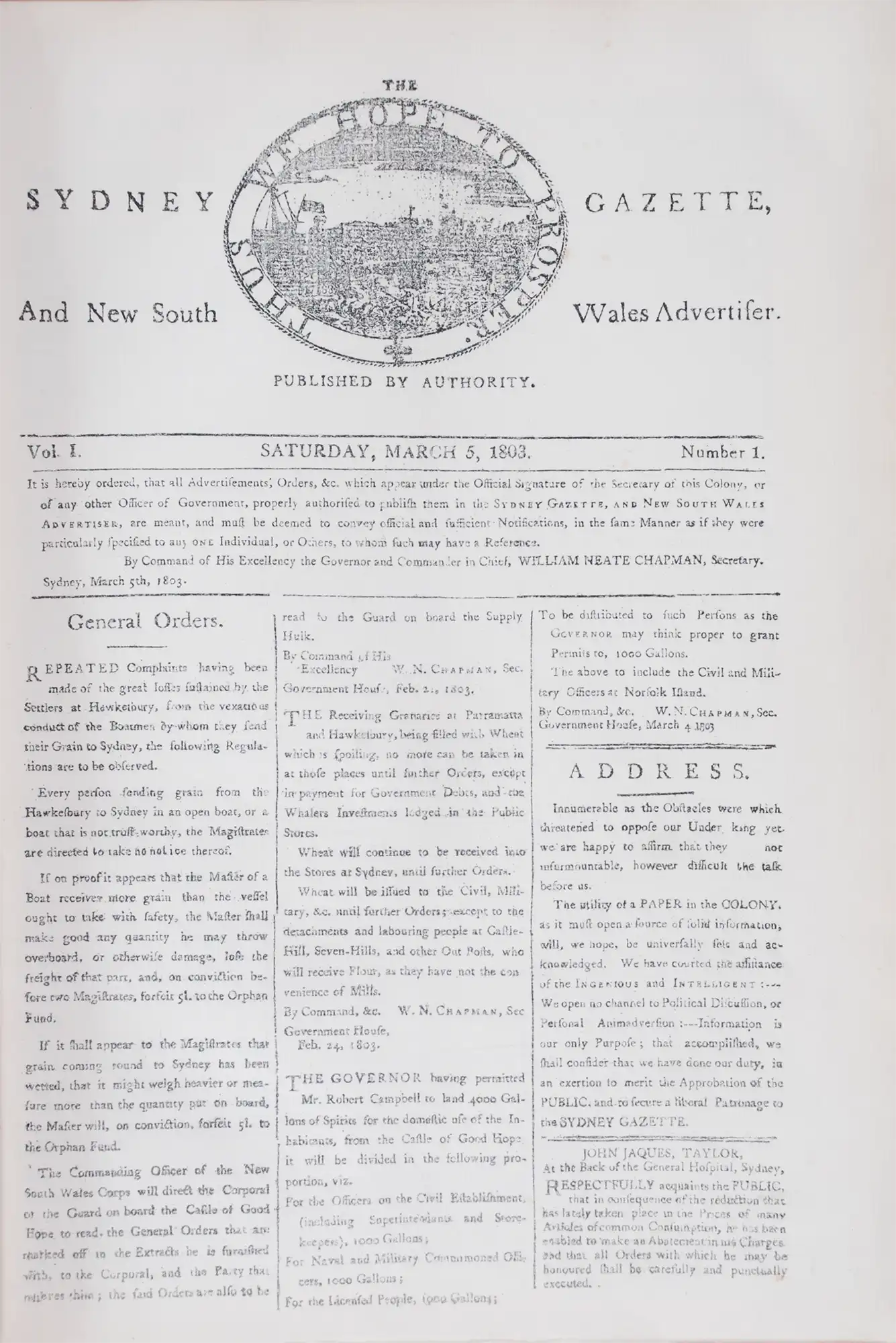 Sydney Gazette and New South Wales Advertiser. Volume 1, 25th March 1803 – 26th February 1804. Sydney: Angus & Robertson, 1899.( Facsimile).