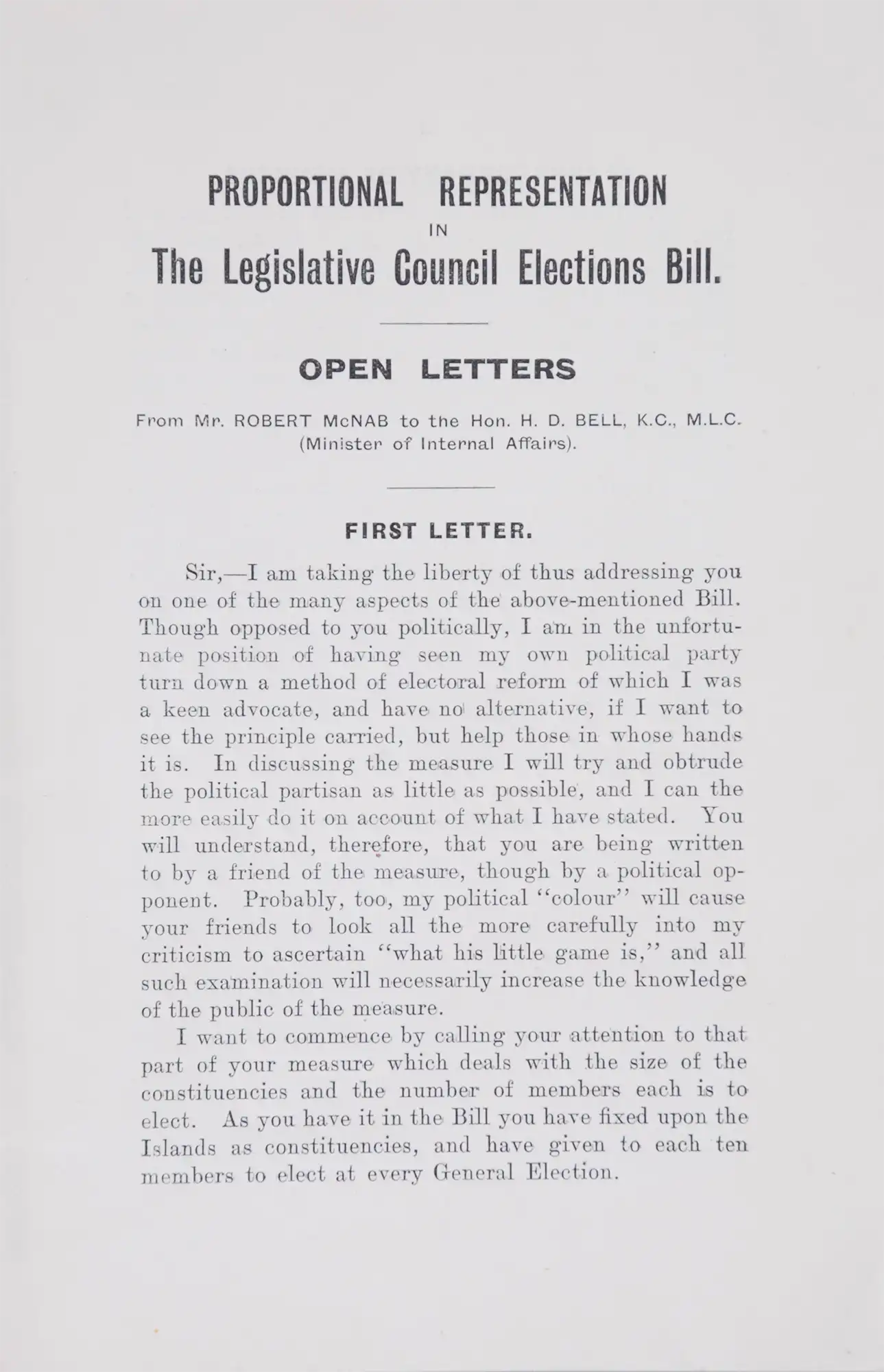 Robert McNab. Open Letters on Proportional Representation.  Wellington: Whitcombe & Tombs, Printers, 1913.