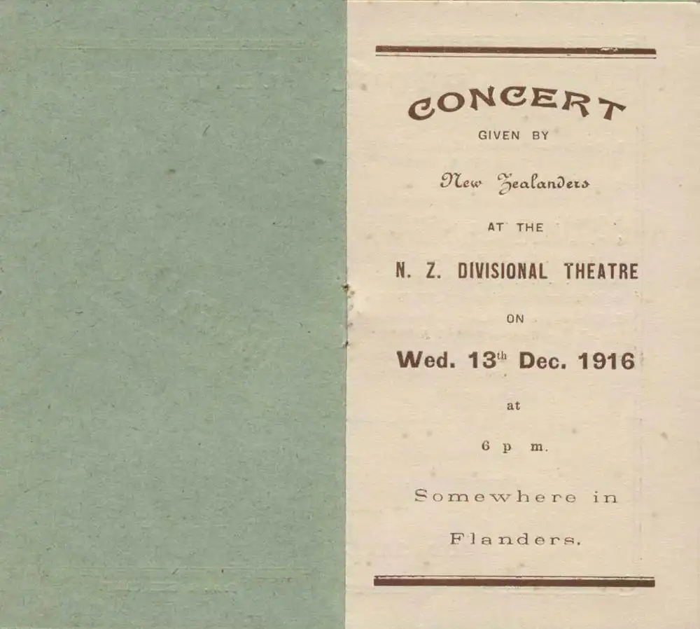 <em>Concert given by New Zealanders at the N.Z. Divisional Theatre</em>. Flanders, Dec. 13, 1916.