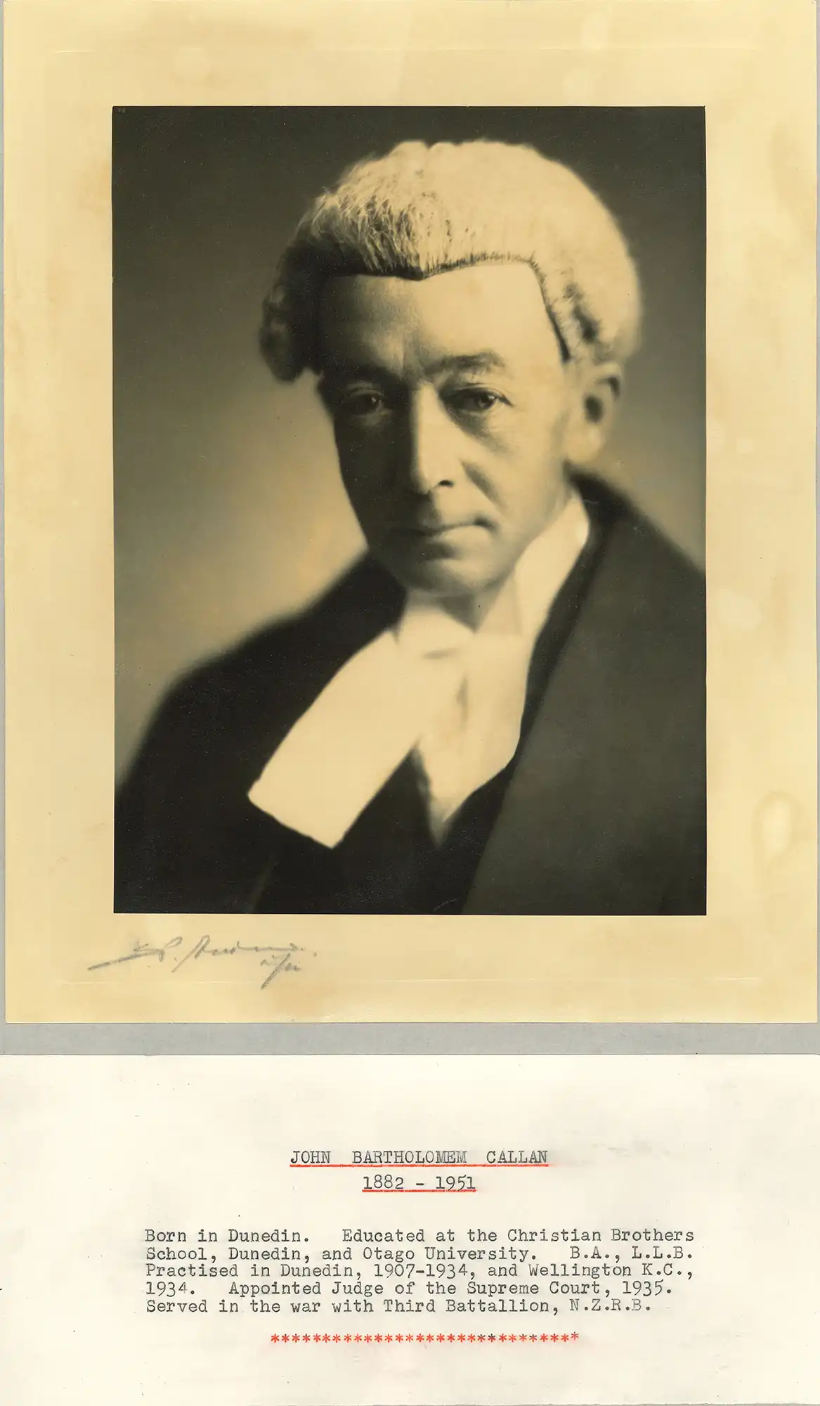 The Honourable Mr Justice Bartholomew Callan (1882-1951). Portrait photograph and brief typed biography.
