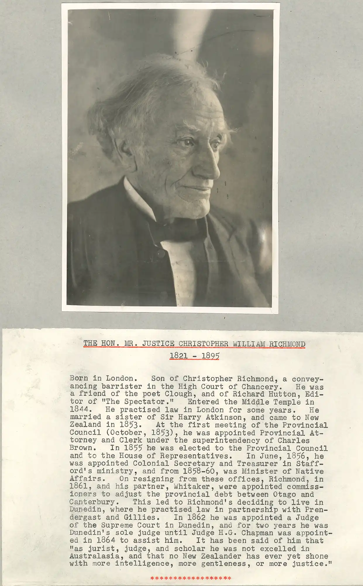 The Honourable William Christopher Richmond (1821-1895). Portrait photograph and typed biography.