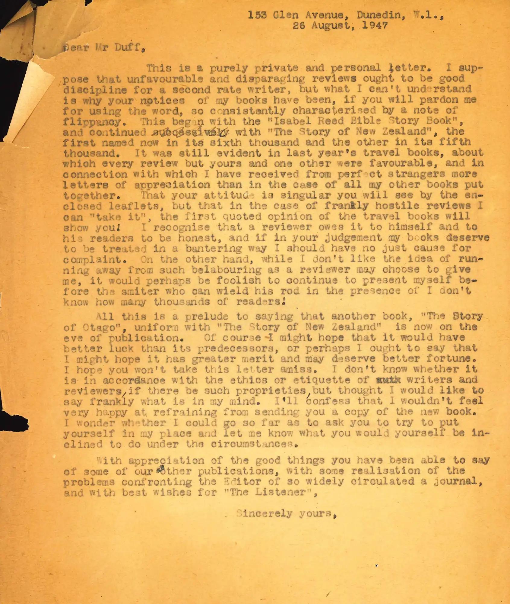 Letter, A.H. Reed to Oliver Duff, Wellington, 26 August 1947.