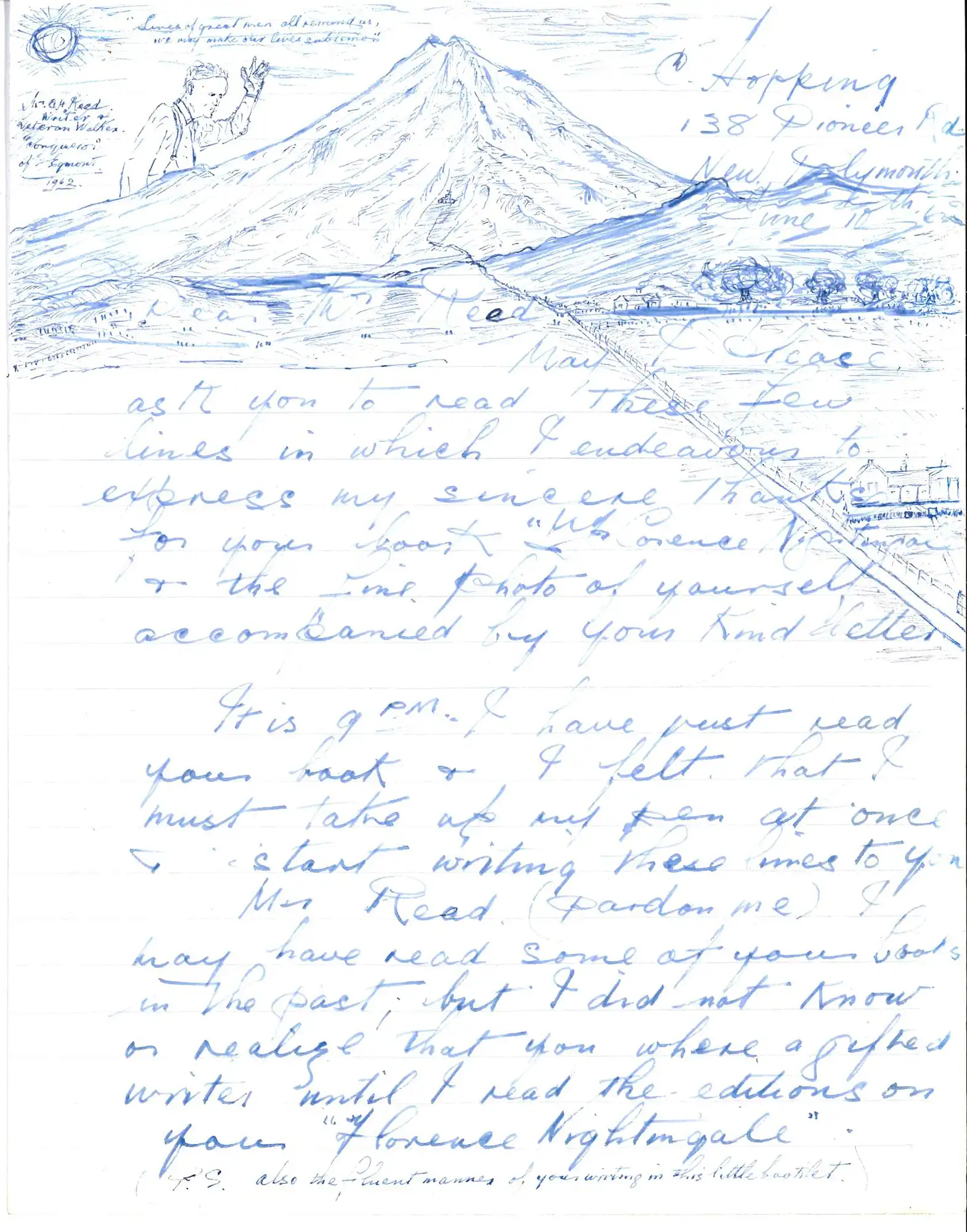 Letter, Claude Hopping, New Plymouth, to A.H. Reed, 10 June 1962, with illustration of Reed at head of letter.