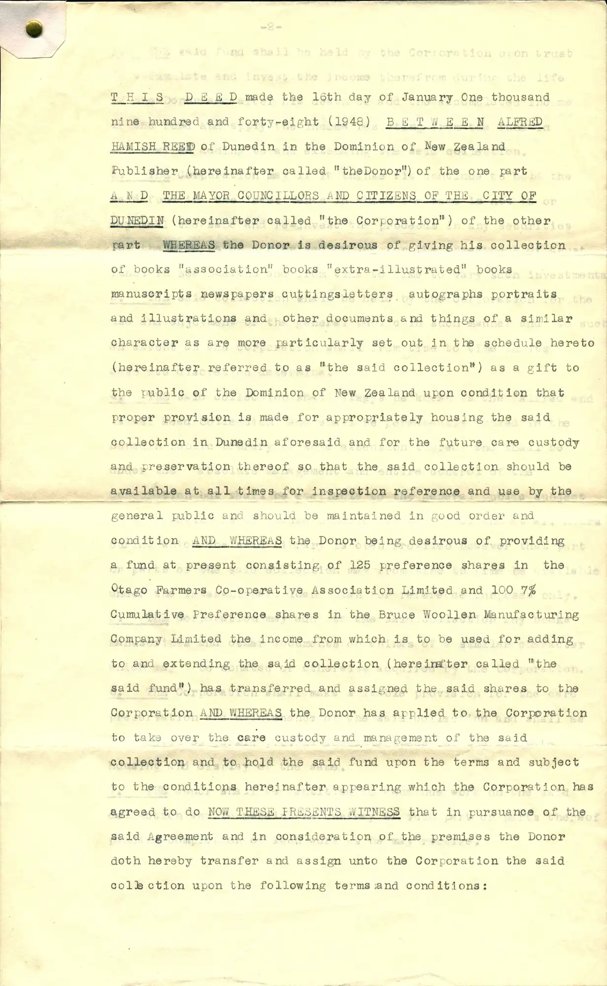 ‘Alfred Hamish Reed to the Mayor Councillors and Citizens of the City of Dunedin: Deed of Gift.’ 16 January 1948.