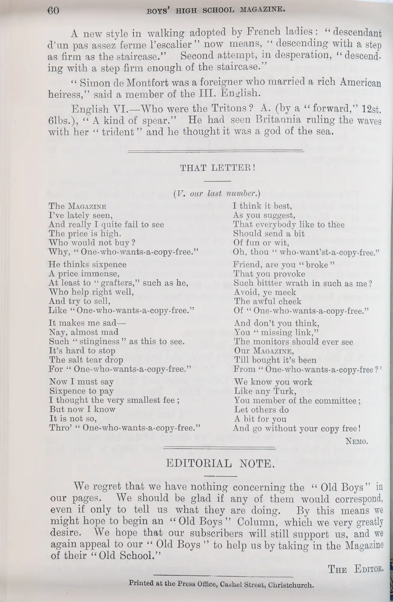 Boys’ High School Magazine (Christchurch Boys' High School). No. IV Term II 1895. Christchurch: The School, 1895.