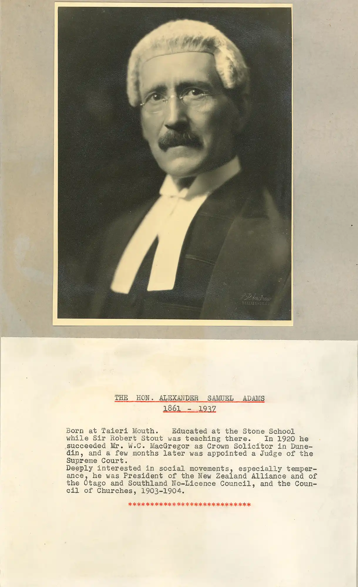 The Honourable Mr Justice Alexander Samuel Adams (1861-1937). Portrait photograph and brief typed biography.