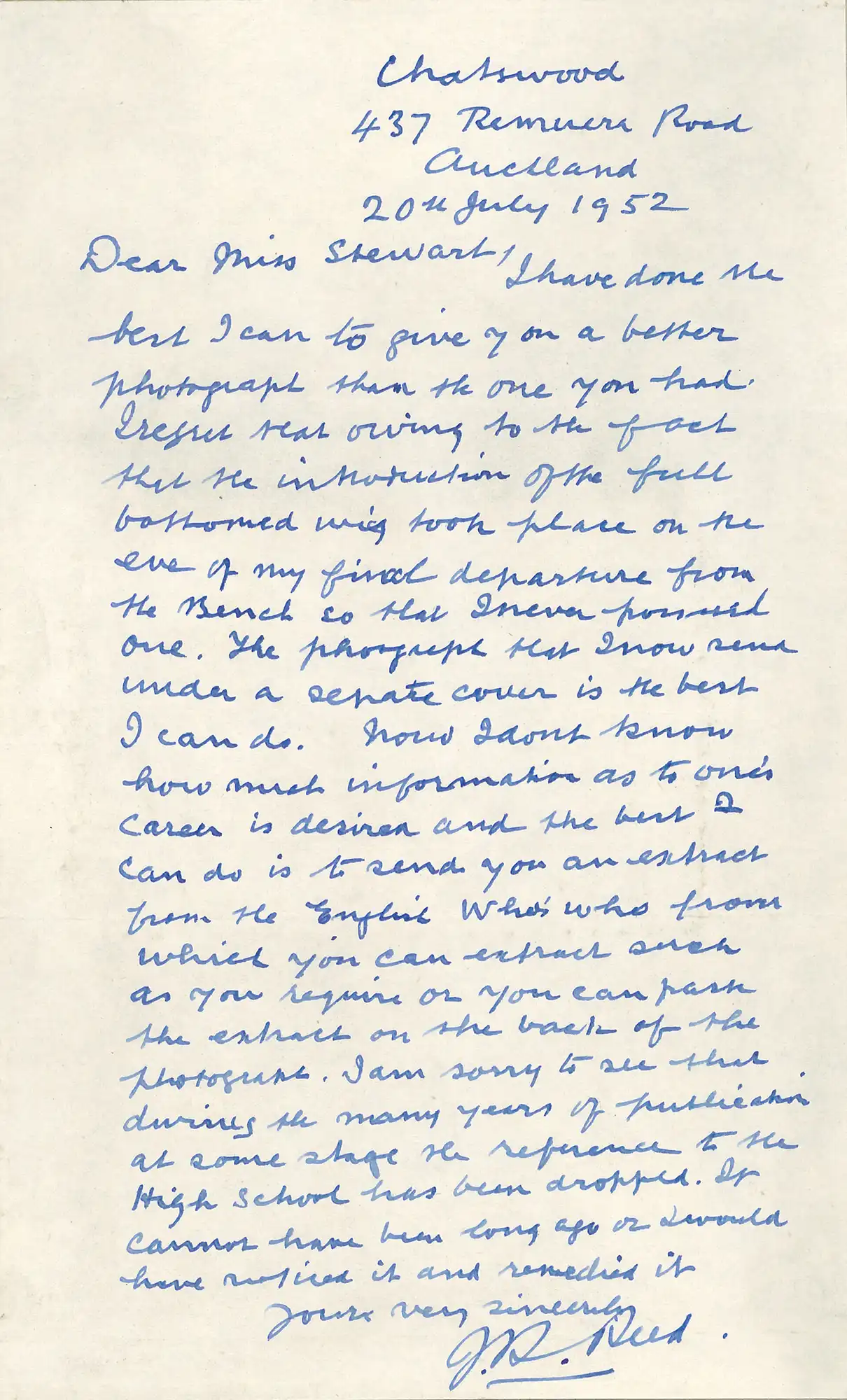 The Honourable Sir John Rankin Reed (1864-1955). Letter from Reed, 437 Remuera Rd, Auckland, to Mary Downie Stewart, 20 July 1952. 