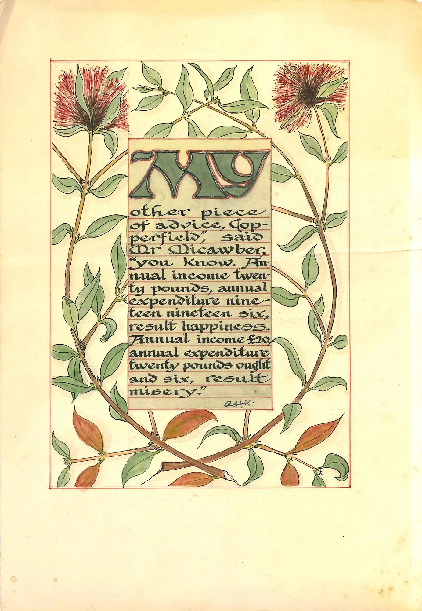 Calligraphic piece by A.H. Reed featuring quote by Micawber from David Copperfield, ca. 1920s.