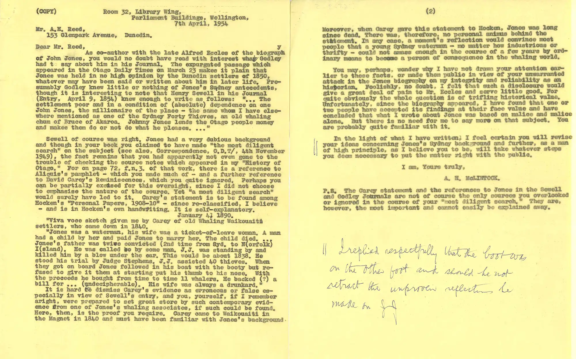 Letter, A.H. McLintock, Wellington to A.H. Reed, 7 April 1954.