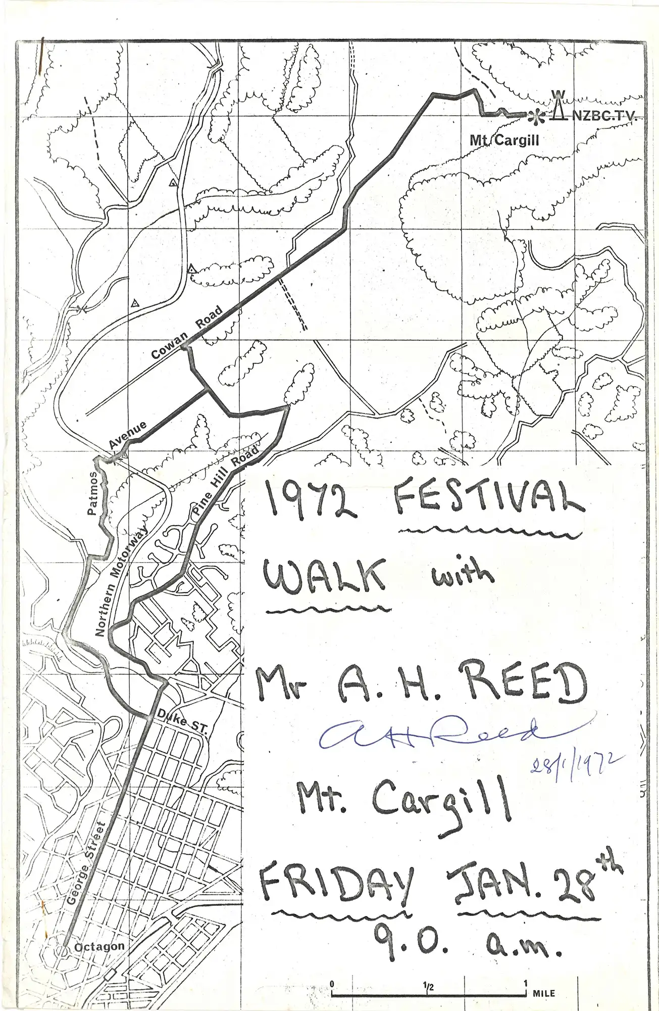 Promotional material for a walk to the top of Mt. Cargill with A.H. Reed, Festival Week, Dunedin, 1972. 
