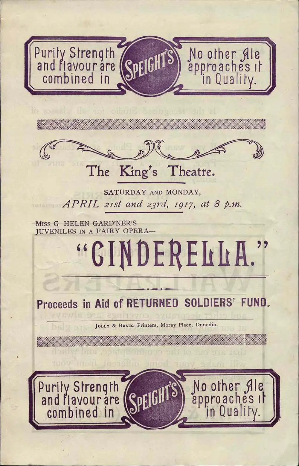 <em>Cinderella</em>. (Miss G. Helen Gardner’s juveniles). King’s Theatre, Dunedin, Apr. 21-23, 1917.