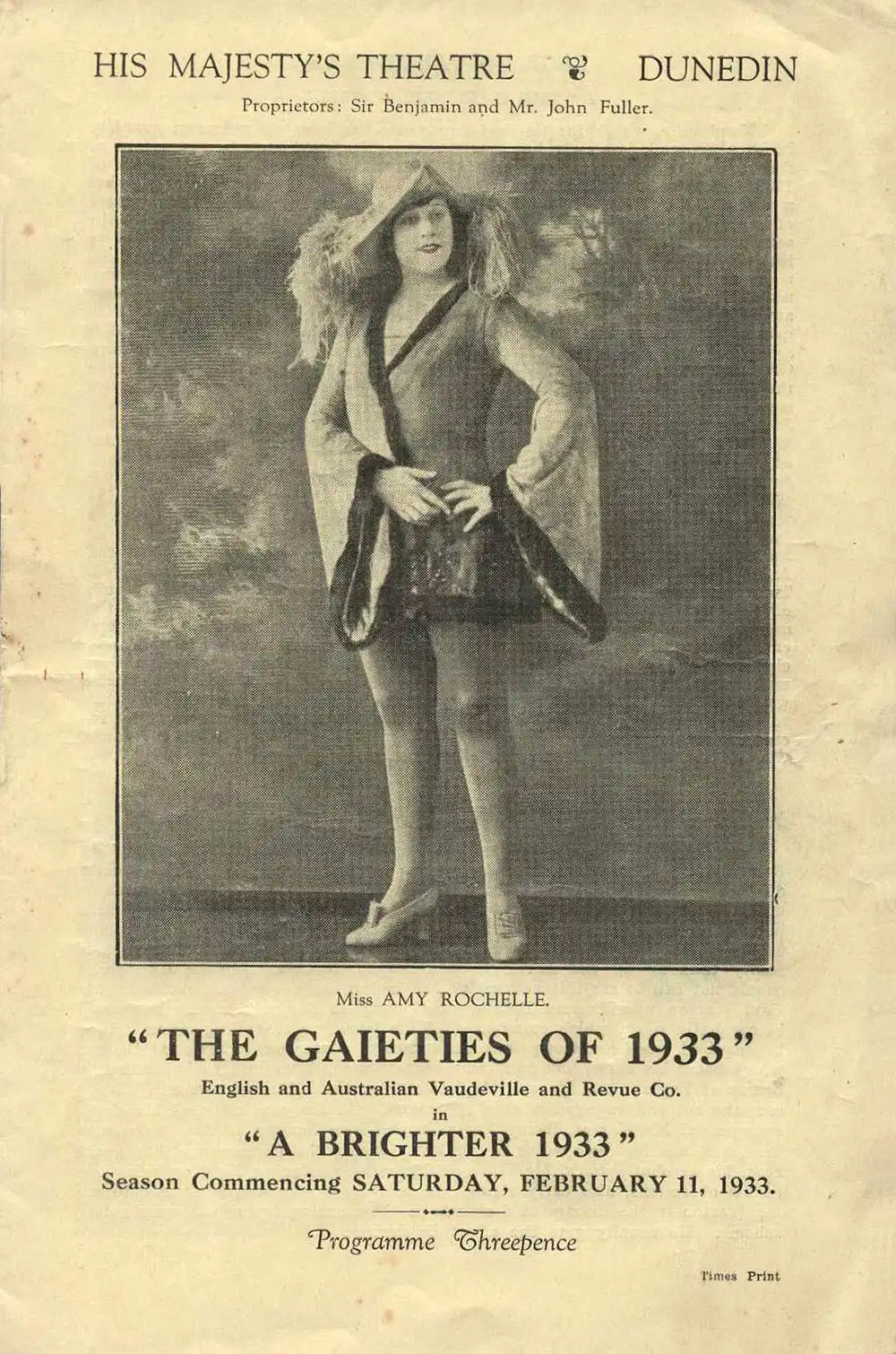 <em>A brighter 1933: The Gaieties of 1933: English and Australian Vaudeville and Revue Co</em>. His Majesty’s Theatre, Dunedin, Feb. 11, 1933.