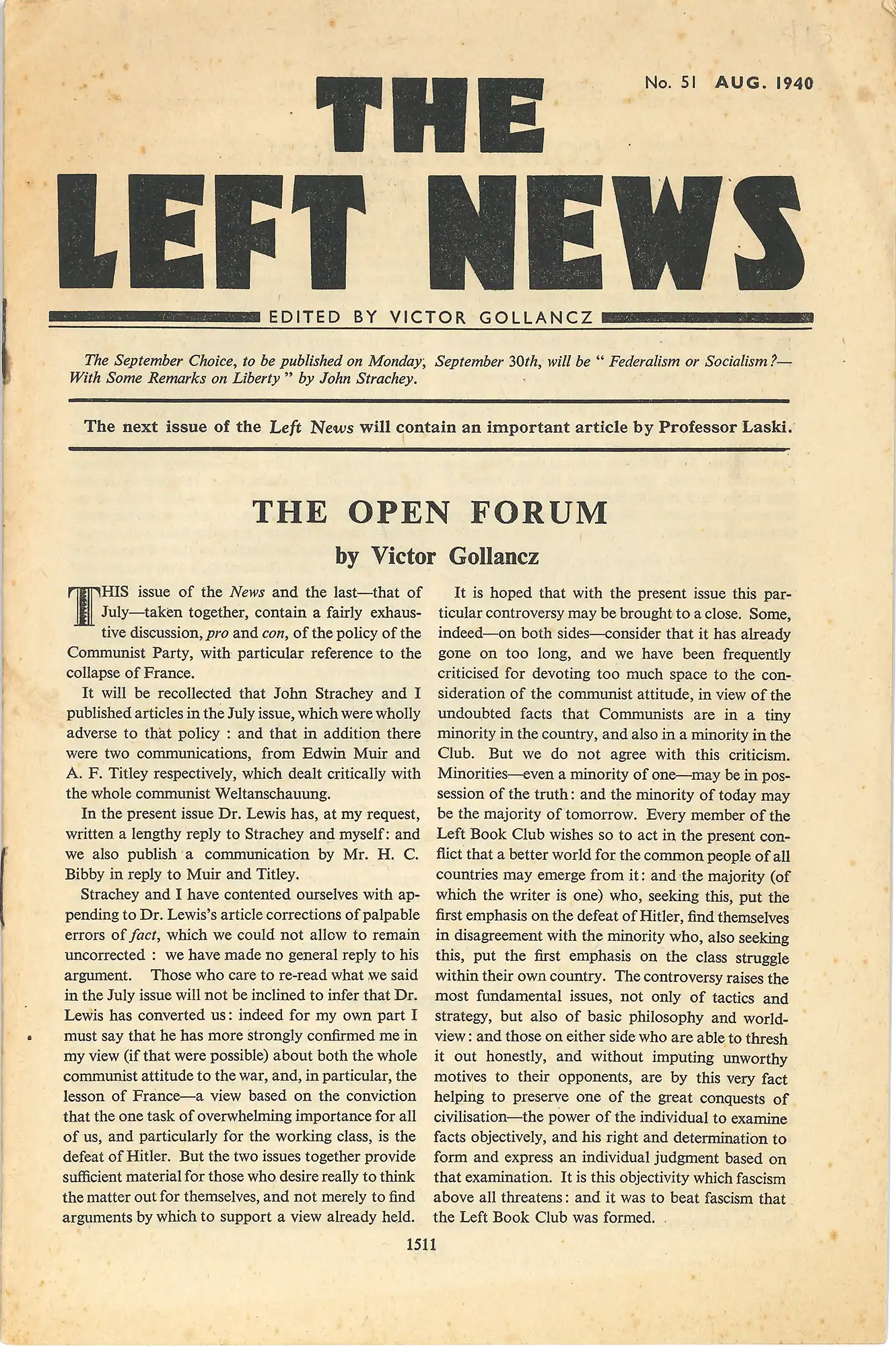 Victor Gollancz, ‘The Open Forum’, The Left News, No.51, August 1940. LBC 335 LEF