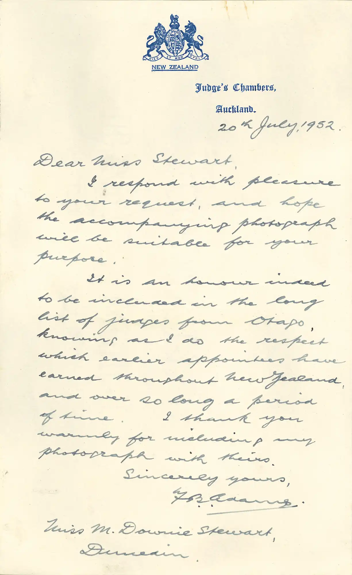 The Honourable Mr Justice Francis Boyd Adams (1888-1973). Letter from Adams to Miss Mary Downie Stewart, 20 July 1952, thanking her for invitation to be included in her collection.