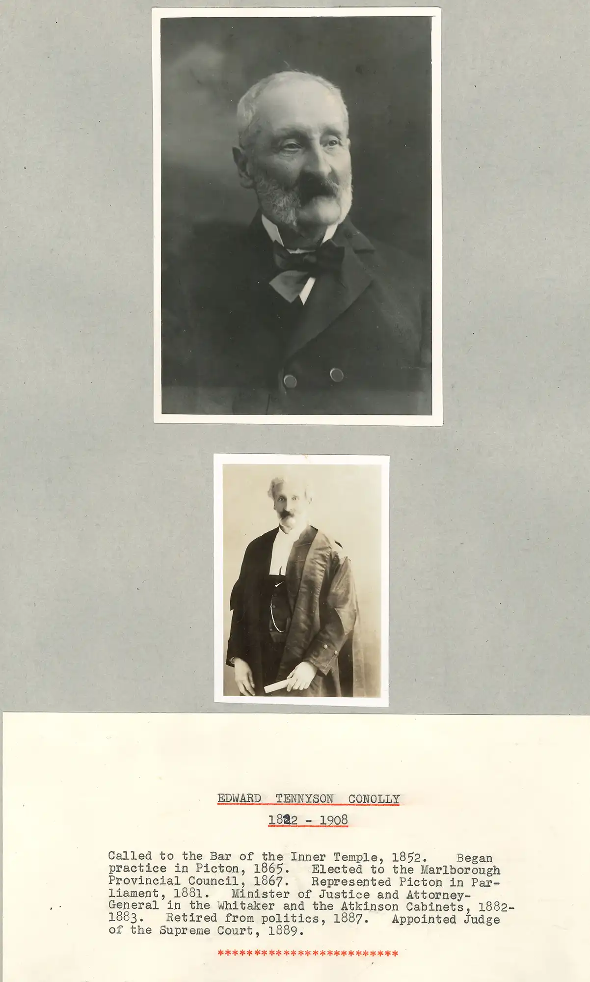 The Honourable Mr Justice Edward Tennyson Conolly (1822-1908). Two portrait photographs and a brief typed biography.